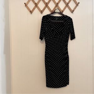 Black and white polka dot ruched v neck wrap Ralph Lauren dress